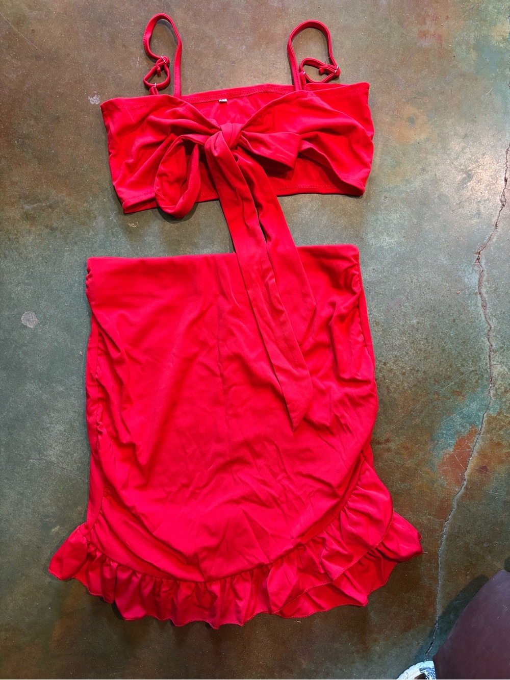 Red Two-Piece Ruffle Skirt Set with Tie Front